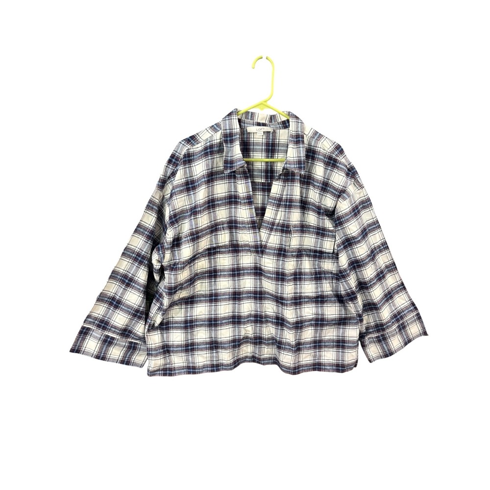 LOFT Womens XXL Plaid V-Neck Long Sleeve Top Blouse Navy Blue White Burgundy